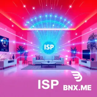 Professional ISP internet service advertisement, fast and reliable broadband connection concept, modern family home or office space with glowing Wi-Fi signals and fiber optic data streams flowing through the scene, speed meters and connection nodes radiating outward, color palette: deep red and vibrant blue gradients representing power and speed, clean white background with futuristic tech accents, minimal text space at bottom for slogan and logo, high resolution, 4k, commercial advertising style, bright and inviting atmosphere, trust and speed emphasized through visual flow