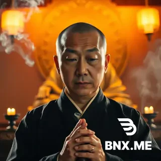 a front-facing shot of a Korean Buddhist monk in his 50s praying in front of a Buddha statue, eyes open with a solemn and reverent expression, holding a wooden moktak. Soft smoke rises from lit incense. The overall atmosphere is bright and sacred with golden tones, cinematic lighting, high-resolution details, deep contrast, and a calm, static composition. The scene looks like an elegant and majestic movie poster