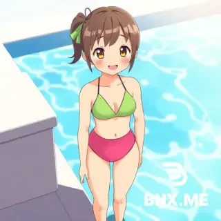 adorable young girl wearing a revealing two piece bathing suit standing near a swimming pool