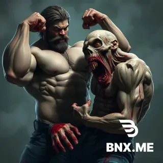 big ass dude thats super jacked, no top and is flexing biceps, then a zombie biting his leg and blood is gushing