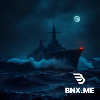 Cinematic wide shot, dark stormy sea at night. Massive Russian battlecruiser "Admiral Nakhimov" cutting through heavy waves. Steel clashes with water, sparks. Low-key dramatic lighting, faint moonlight and red warning lights. Photorealistic, 8K, epic movie scene.