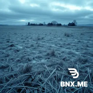 A vast empty snowless winter plain with sparse, thin, dry individual blades of gray-brown grass in loose clumps, with patches of bare dark soil visible between them. The grass is coarse and sparse, not a carpet, not soft, not dense. The ground is uneven and undulating, with low rolling ridges, shallow dips, small ditches, and soft rises and falls. In the far middle distance, a small cluster of old, simple, dark wooden houses. Bare black trees scattered sparsely. Low mist in the hollows. Sky: heavy but layered clouds with varied tones, darker and lighter gray patches, subtle breaks, hints of pale blue-gray, not a flat uniform gray. Cold blue ambient light at blue hour. Muted desaturated palette: slate gray, ash gray, pale blue, dark brown, faded black. Faded nostalgic atmosphere like an old memory, soft haze, subtle film grain. No people, no cars, no modern objects, no bright colors, no warm yellow lights, no snow, no frost, no ice, no white ground, no flat ground, no smooth lawn, no carpet-like grass, no clos Grass height: knee-high, medium length, not short.