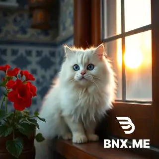 A beautiful white Persian cat with fluffy fur and big blue eyes, sitting on a wooden windowsill next to a red geranium flower pot, warm sunset light shining on its face from the window, traditional Iranian room with blue and white tilework in the background, photorealistic, cinematic lighting, high detail, 8k, soft focus.