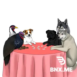 a partridge, a maltese dog, a jack russel dog, a pug dog, a male turkey , a female turkey, a male wolf and a female wolf seater round a table palying cards