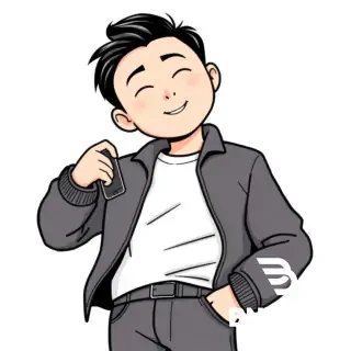 他把手机拿出来 "Cartoon illustration. A young Asian man reaching into his pocket and taking out a smartphone. Simple white background. Educational style. Clean lines."
