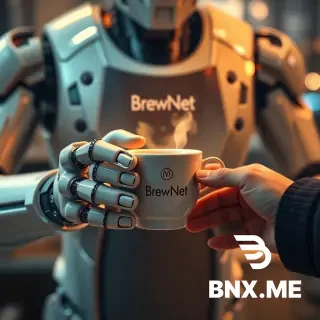 A cinematic, hyper-detailed poster of a futuristic robot barista handing a steaming ceramic cup of coffee to a human customer — extreme close-up on both sets of hands and fingers, showing mechanical articulation and soft, realistic human skin. The robot has a small logo on its chest that reads “BrewNet” in clean sans-serif, warm cinematic rim lighting, shallow depth of field, 8k detail, photorealistic, subtle film grain. Emphasize realistic fingers and correct anatomy, no extra or missing digits, no floating limbs. Include a faint cityscape bokeh in the background.