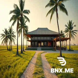 Architectural photography of a two-story rural restaurant in Camagüey, Cuba, surrounded by flat endless countryside and green grass. A long dirt path lined with tall royal palms on both sides leads toward the building on the right. The restaurant features a dramatic hyperbolic paraboloid roof, saddle shape with two corners high and two corners low, floating above the entire structure, supported by thick natural stone pilotis that do not touch the building volume, creating a deep shaded porch around it. Ground floor: solid rectangular base in natural stone, wood and guano thatch lattice. Second floor: lightweight wooden box with large glass windows overlooking the countryside, dining tables and a long bar visible inside. Beside the building, a wooden pergola with a barbecue grill area and rustic outdoor tables. Loose gravel parking with grass, scattered stones and tropical shrubs. Warm late afternoon golden hour light, long shadows, wide angle lens, professional architectural render, photorealistic, ultra detailed, 8k