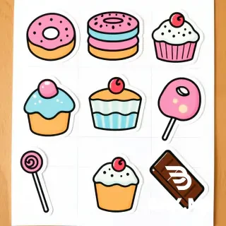 "A sticker sheet containing 9 different cute kawaii dessert stickers (donut, macaron, ice cream, cake, cupcake, pudding, lollipop, candy, and chocolate bar). Each sticker has a bold black outline, flat vector art style, vibrant pastel colors, transparent background, arranged neatly on a white grid sheet, high quality 4k, printable, die-cut style."