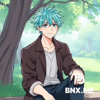 Handsome man with turquoise hair sitting in the park with Ghibli art style