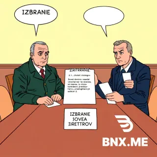 Colorful european comic book style, ligne claire, clear black ink outlines, flat colors. Meeting room with wooden table and a white card "IZBRANIE SOVETA DIREKTOROV". Petrov (dark green jacket) pointing to contract clause: "2.1.1. ... chtoby Sovet direktorov vsegda vkljuchal ne menee 1 chlena, izbrannogo iz chisla kandidatov, predlozhennyh Uchastnikom 2." Sidorov (dark blue jacket) holding a white voting ballot. Empty white speech bubbles above both heads, completely empty. Background light yellow.
