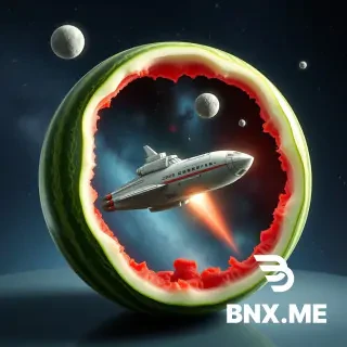 A watermelon containing a spaceship that travels through the galaxy