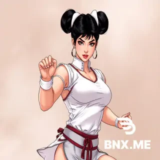 Chun-Li, Source: Street Fighter, Double bun hairstyle, White bun cover, Thick thighs, Huge thighs, Broad and large shoulders,