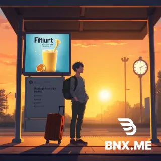 anime style cinematic illustration, makoto shinkai style, a university graduate with suitcase standing at a T-shaped bus stop shelter at sunset, a billboard poster on the stop shows fruit milk drink with an orange letter O, a clock in distance shows midnight, warm golden lighting, widescreen composition, highly detailed