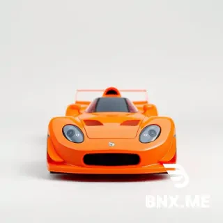 Generate a product photo of a bright toy racing car, front view. The car is neon orange, no logos, no emblems, no text. Diffuse even lighting, no harsh shadows. Solid light gray background, completely uniform. The car is centered. No reflections, no glossy highlights. Clean, flat, studio shot. Square format.