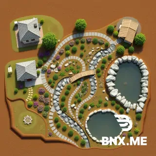 Isometric master plan, Provence style, Caucasus foothills. South top, snowy peaks horizon. Fertile soil, natural slope 2–3% for stream. Composition (top view): Bottom-left corner – House#1 (light, tile roof, terrace), tech zone (panel, gas, well upgradient from septic), carport 2 cars, entrance road. Center – alpine rock garden with stones, petunias, lobelias, phlox (long-flowering). Winding stream (width 30–50cm, slope ~2%) starts from water tower (1m³ cube on supports, stone-decorated, top-left corner). Bed natural stone with small riffles. Along stream – lavender rows, irises, grasses. Before pond (upper south) – marshy filter backwater with water lilies, sedges, cattails – biofiltration. Then irregular pond with wooden deck, stones, aquatic plants. Bridge over stream on path above rock garden, from House#1 to Guest House (right, closer to top-right corner). Path crosses lower-right part of pool area. Right – Guest House (48m², similar style). Rectangular pool opposite, across pond slightly downhill, closer to left edge. TT table nearby. Around – mixed ornamental orchard (apple, cherry, peach, quince) free layout. Bottom – regular fruit orchard (rows apples, pears, etc.) and vegetable beds. Septic – bottom-right (circular). Rainwater collection pit moved to House#1. Gravel/stone paths. Instagram zones: lavender tunnel, bridge, mountain view. Colors: earthy, green, purple, beige. Atmosphere – southern, cozy, eco-Provence. Closed water cycle: rainwater → filter → storage → pump → tower → stream → backwater → pond → irrigation.