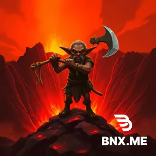 Generate an image for me in the style of Magic: The Gathering. The card features a goblin standing at a volcano’s crater, wielding an axe with a blade tied to a wooden stick using straw rope, posed to swing the axe downward. Below the crater lies solidified magma. The entire card uses a red‑toned art style, complete with a card border. The aspect ratio (height to width) of the full card is 25:19. Deliver highly detailed artwork with a straight‑on front perspective.