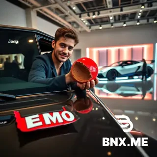 I WANTMAKE Hyperrealistic wide-angle photograph, cinematic lighting, 1K. A stylish young man with a slight smile leans out of the open window of a modern Jeep Wrangler 4xe Rubicon, parked on a glossy floor inside a contemporary car museum. He is holding a half-eaten spherical chocolate candy with a glossy, vibrant red candy shell, and the rich brown chocolate interior is visible where he bit it. The candy wrapper on the dashboard reads “EMO” in bold, modern font. In the background, elevated on a futuristic illuminated display stand, sits the fastest production car in the world—a Koenigsegg Jesko Absolute—gleaming under dramatic spotlights. Museum visitors blur softly in the distance. Reflections on polished concrete, modern architecture, flexibility in composition, highly detailed, photorealistic, shallow depth of field, vibrant colors