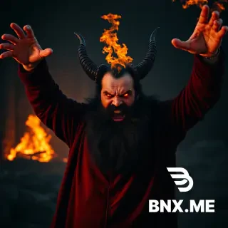 An angry Ingush man with a thick black beard waves his arms angrily. The picture is in black and red colours, depressing, angry and mystical, with a fire burning in the background. It looks like an ancient temple of evil forces. Fire also burns in the Ingush man's eyes. The Ingush man is depicted as the devil. Superrealism 4K.