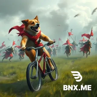 a dog riding a bike on battle field with many enemy chasing him