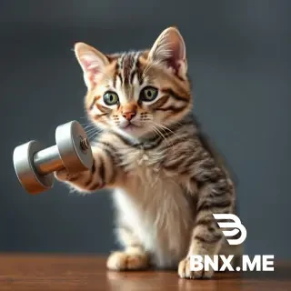 A silver tabby kitten is pumped up and doing a bicep exercise with one dumbbell