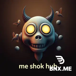 Пиксель-арт логотип «me shok hub»: стилизованный мешок с завязкой, глаза в виде молний (светятся жёлтым), две антенны-палочки на макушке, вокруг летят искры и разряды, фон чёрный, ретро 8-бит, цвета неоново-голубой и жёлтый, квадратный кадр, внизу крупный пиксельный текст «me shok hub», чёткие пиксели, без сглаживания, стиль старых аркад.