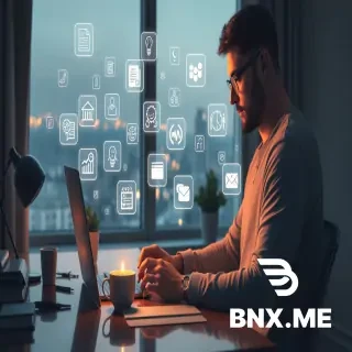 A freelancer working from home with multiple holographic client projects floating around, including writing, design, research, translation, and marketing icons, coffee on desk, city lights outside window, soft cinematic lighting, reduced contrast, premium semi-realistic digital illustration, ultra-detailed, 16:9.
