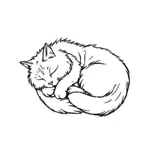 A Maine Coon cat sleeping curled into a tight round ball, body wrapped in a circle, tail tucked around, head resting on paws or buried in fur. Line art / ink sketch style, cartoon but not cute, rugged and majestic expression, visible ear tufts and thick mane, large paws slightly visible. Bold clean strokes, no shading, monochrome black on white, minimalist, slightly wild and stoic vibe. Circle composition, suitable for avatar or logo. --ar 1:1