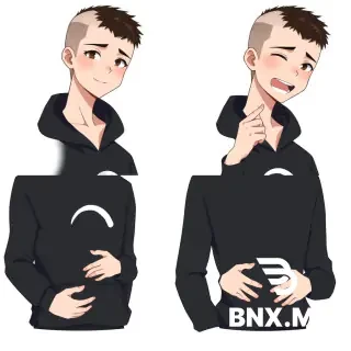 Anime style, moderate, not exaggerated. A 20-year-old young man with a buzz cut (almost bald, very short dark hair, scalp visible). Wearing a black hoodie with a simple white print (e.g. a moon or geometric shape). White background.  The image is divided into 4 equal parts by thin black lines (2x2 grid). Same character from chest up in each part, but different emotions and hand poses:  Top left: calm expression with a gentle smile, relaxed eyes, arms crossed on chest. Top right: laughing hard (wide open mouth, squinted eyes), one hand on stomach, other hand raised in a "stop" gesture. Bottom left: angry (furrowed brows, tight lips), clenched fists raised in front of chest. Bottom right: upset (downturned mouth, sad eyes), arms hanging loosely, shoulders slightly slouched.  Clean lineart, flat cell shading, plain white background, no shadows, no text. 4-in-1 composite image.