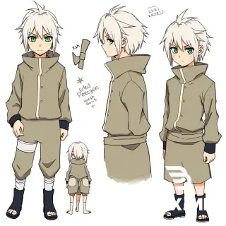 Character reference sheet, Perceval Penigon, 13-year-old shinobi, ash-blonde hair neck length, dark green eyes, sharp and curious expression, multiple poses, front view and side profile, wearing Konoha genin outfit, Naruto manga style, Kishimoto inspired, clean white background, sketchy lineart,