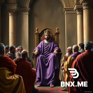 A grand historical painting style. Roman Emperor Constantine in purple robes, seated on a throne, presiding over a gathering of bishops in an ancient hall. Bishops arguing. Constantine looks powerful and political, not holy. Dramatic lighting.