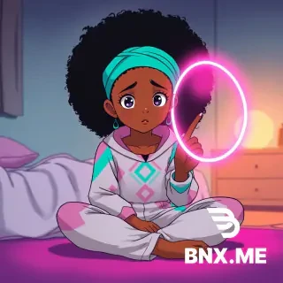 (masterpiece, best quality), 1girl, young teen, brown skin, large fluffy afro hair, turquoise headband, wearing loose futuristic jumpsuit, pink and turquoise and white geometric patterns, bright pink magical glow, sitting cross-legged on bedroom floor at night, drawing glowing pink magic circle with finger, kind expression, worried eyes, warm lighting, soft pastel colors, dreamlike atmosphere, anime art style, Studio Ghibli aesthetic, children's book illustration style