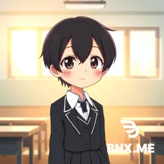 Androgynous anime boy with soft facial features and short dark hair. Wearing a neat Japanese school uniform with a dark pleated skirt, white shirt and dark blazer. Gentle shy smile, slight blush, big expressive eyes. Standing in a bright classroom with warm sunlight through the windows. Cute, wholesome atmosphere, high quality anime illustration, clean lineart, detailed, vibrant colors.