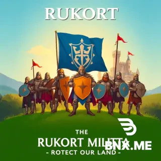 Epic fantasy recruitment poster for the guild "RUKORT". A group of brave heroes in shining armor stands together on a green hill, holding a large blue banner with a shield emblem. In the background, a majestic castle with towers. Pastel color palette: soft green and sky blue. Warm sunset lighting, friendly and inspiring atmosphere. No weapons visible, only shields and flags. Text at the bottom: "JOIN THE RUKORT MILITIA — PROTECT OUR LAND". Style: classic fantasy illustration, highly detailed, 4k, cinematic.
