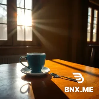 A warm morning light streams through a window onto a wooden table where a blue ceramic coffee cup sits beside a silver spoon.