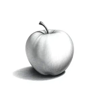 A black-and-white pencil drawing of a single apple, ultra-detailed graphite sketch, strong B6 pencil shading, dark soft shadow beneath the apple, plain white background, high contrast, realistic texture, monochrome, no color, traditional art style"