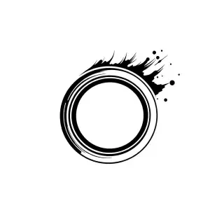 Abstract logo for a band photographer. A minimalist outline of a camera lens. The top half of the lens rim dissolves into dynamic, fast speed lines or abstract dust motes. Kinetic energy, editorial photography branding, vector graphic, black lines on white, modern, rebellious --no text --stylize 250