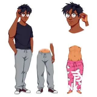 A vibrant flat digital art character design sheet on a clean white background, featuring 3 different poses of a tall, muscular, dark-skinned Harry Potter with messy jet-black hair and his signature round glasses (except where noted). Crisp bold outlines, solid cel-shaded coloring, bright saturated palette, digital illustration style like drawn in a painting app — no watercolor, no painterly blur, no realism, clean comic/anime style with clear contours.  Top right corner: a close-up bust portrait, Harry is sleepy and scratching the top of his head with one hand, no glasses, wearing a casual t-shirt, flat colors with simple soft shadows.  Middle section: full-body standing pose, wearing baggy grey sweatpants and a tight black fitted t-shirt that hugs his muscular abs and athletic upper body, confident stance, defined six-pack visible.  Bottom section: full-body standing pose, wearing only pink sweatpants with cute Hello Kitty prints, shirtless, showing his ripped muscular torso, slightly embarrassed or playful expression.  All three views neatly arranged in a vertical composition on one sheet, bold black lineart, flat vibrant colors, anime-inspired digital painting, clean and sharp, high quality illustration.