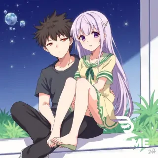 An anime girl sitting on a boy’s lap