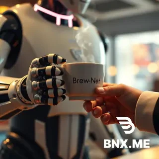 A cinematic, hyper-detailed poster of a futuristic robot barista handing a steaming ceramic cup of coffee to a human customer — extreme close-up on both sets of hands and fingers, showing mechanical articulation and soft, realistic human skin. The robot has a small logo on its chest that reads “BrewNet” in clean sans-serif, warm cinematic rim lighting, shallow depth of field, 8k detail, photorealistic, subtle film grain. Emphasize realistic fingers and correct anatomy, no extra or missing digits, no floating limbs. Include a faint cityscape bokeh in the background.