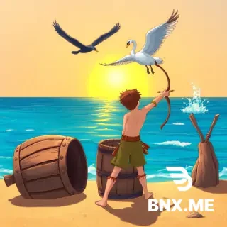 A colorful fairytale illustration. On a sandy shore by a bright blue sea, a massive broken wooden barrel, empty, bottom missing, lies near the water. Nearby, a young prince with bare chest, torn trousers, aims a handmade wooden bow with a sharp wooden arrow at a large black kite bird. Above the sea, the black kite fights a beautiful white swan in mid-air, wings spread, water splashing. Sky is clear, sunset colors. No city, no trees, no other people, no extra objects.