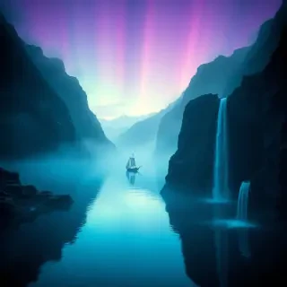 r3dcma, 35mm movie still;  ::Ethereal misty fjord:: Towering cliffs, ::mirror-like water::, ancient longship emerging from fog, ::waterfall cascading:: into crystalline pool, ::Nordic runes:: carved into rock face, ::aurora borealis:: painting the sky, ::floating lanterns::, mystical stone archway, ::twilight ambiance::, epic scale, ::Terrence Malick-inspired::, anamorphic lens flare  In the style of r3dcma.