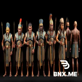 10 unique Egyptian shock infantry warriors on dark canvas, frontal studio light. Warriors 1-5 front view with khopesh swords. Warriors 6-10 rear view, no weapons. Each has unique face, scars, tattoos, hairstyle, eye color: 1.aquiline nose,grey eyes,shaved; 2.round face,brown eyes,short wavy; 3.oval,green,ponytail; 4.square,blue,shaved temples; 5.diamond,amber,wavy; 6.triangular,dark,hedgehog; 7.trapezoidal,grey-green,long; 8.heart,brown,mohawk; 9.pear,golden-brown,wavy; 10.massive,dark,shaved. Identical gear: Egyptian helmet with uraeus, anatomical bronze-copper plate armor with gold inlays, segmented shoulder pads, bracers, belt, shendyt with aprons, greaves, sandals. Fine inlay with lapis lazuli, malachite, turquoise. Khopesh: straight blade 30-40cm, smooth forward curve into arc, inner hook-point, dark bronze with golden tint. Dark uniform background, no holograms. Alternative antiquity style, 330 BC, 100% Egyptian cultural recognizability, no clones.