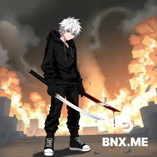 A male anime character with white hair, a black hoodie (the hood is not on his head), black pants, black sneakers, and black gloves. He holds a samurai sword in his right hand, from which blood is dripping. The background of the image is an exploded building. The image is with very high detail. Anime style.