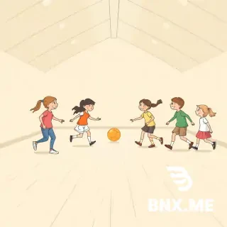 12 Schulkinder (6-10 Jahre) bewegen sich fröhlich einer Turnhalle. 5 Kinder haben einen Ball. Stil eher minimalistisch. Hautfarben sollen pastellorange, pastellgrün und Pastellfarben sein. Als Zeichnung. Esoll ein Deckblatt für eine Spielesammlung für Lehrer sein