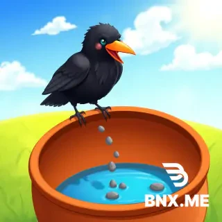 A thirsty black crow standing on the edge of a large brown clay pot, dropping small gray pebbles into the pot. The pot has a little bit of blue water inside. Bright sunny day, green grass background, blue sky with white clouds. Children's storybook illustration style, colorful, cartoon style, warm lighting, high quality, 4K, PNG, transparent background