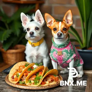 a Maltese dog and a Jack Russel dog wearing pretty dog coats in front of a platter of tacos