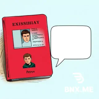 Colorful european comic book style, ligne claire, clear black ink outlines, flat colors. Close-up of an open red Russian passport on a wooden table. Inside: photo of young man, text "SERIJA 1112 No 345678", "VYDAN UMVD PO ZADNEPROVSKOMU RAJONU g. SMOLENSKA", "PROPISKA: g. Smolensk, ul. Popova, d.113 G, kv.20". Next to passport: small color portrait of young man (Petrov, dark green jacket, short dark hair, serious expression). One empty white speech bubble with black outline, completely empty. Background light blue.