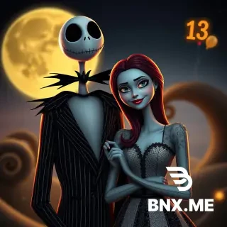 Use the uploaded couple photo as the reference image. Create a stylized, romantic portrait inspired by Jack Skellington and Sally from The Nightmare Before Christmas, while keeping the couple clearly recognizable. Transform the man into a Jack-inspired character with a tall, elegant, spooky-charming look, subtle stitched or skeleton-inspired design details, and a black pinstripe suit. Transform the woman into a Sally-inspired character with patchwork-style dress details, soft stitched design elements, and whimsical gothic elegance. Keep both faces recognizable, warm, and smiling.      Scene: celebrate their 13th wedding anniversary. Add a magical, moonlit, Tim Burton-inspired atmosphere with dreamy lighting, a slightly gothic but loving mood, curling hills or whimsical spooky background elements, and tasteful anniversary decorations. Incorporate the number 13 in an elegant celebratory way, such as balloons, a sign, or glowing decorative elements. Preserve the affectionate, joyful feeling of the original photo.      Style: cinematic, highly detailed, romantic gothic fantasy, whimsical, elegant, emotional, polished character illustration.      Important: do not make it scary or disturbing; keep it sweet, celebratory, and beautiful.