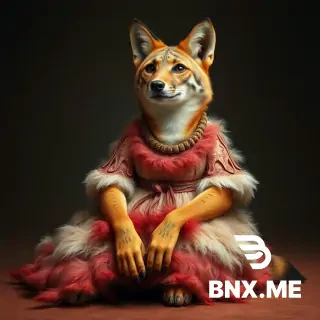 an overweight female jackal, seated, wearing a dress with lots of feather trimmings