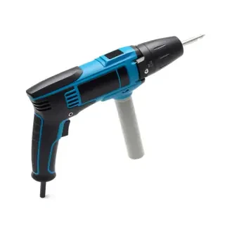 «Professional product photo of an electric screwdriver, blue and black power tool, isolated on white background, studio lighting, catalog shot, high detail, 8K, sharp focus, no shadows, commercial photography style»